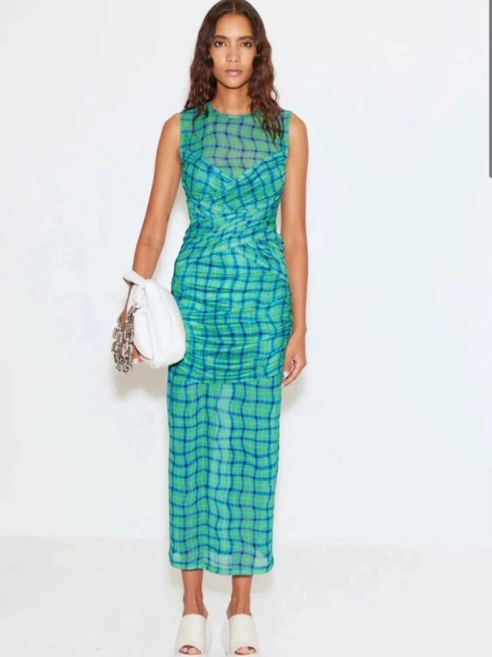 Simon Miller Kinny Ruched Plaid Mesh Midi Dress Anthropologie Green Blue- Size L - Picture 1 of 13